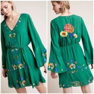 FARM RIO Jessalyn Embroidered Dress Green Floral Mini SZ L